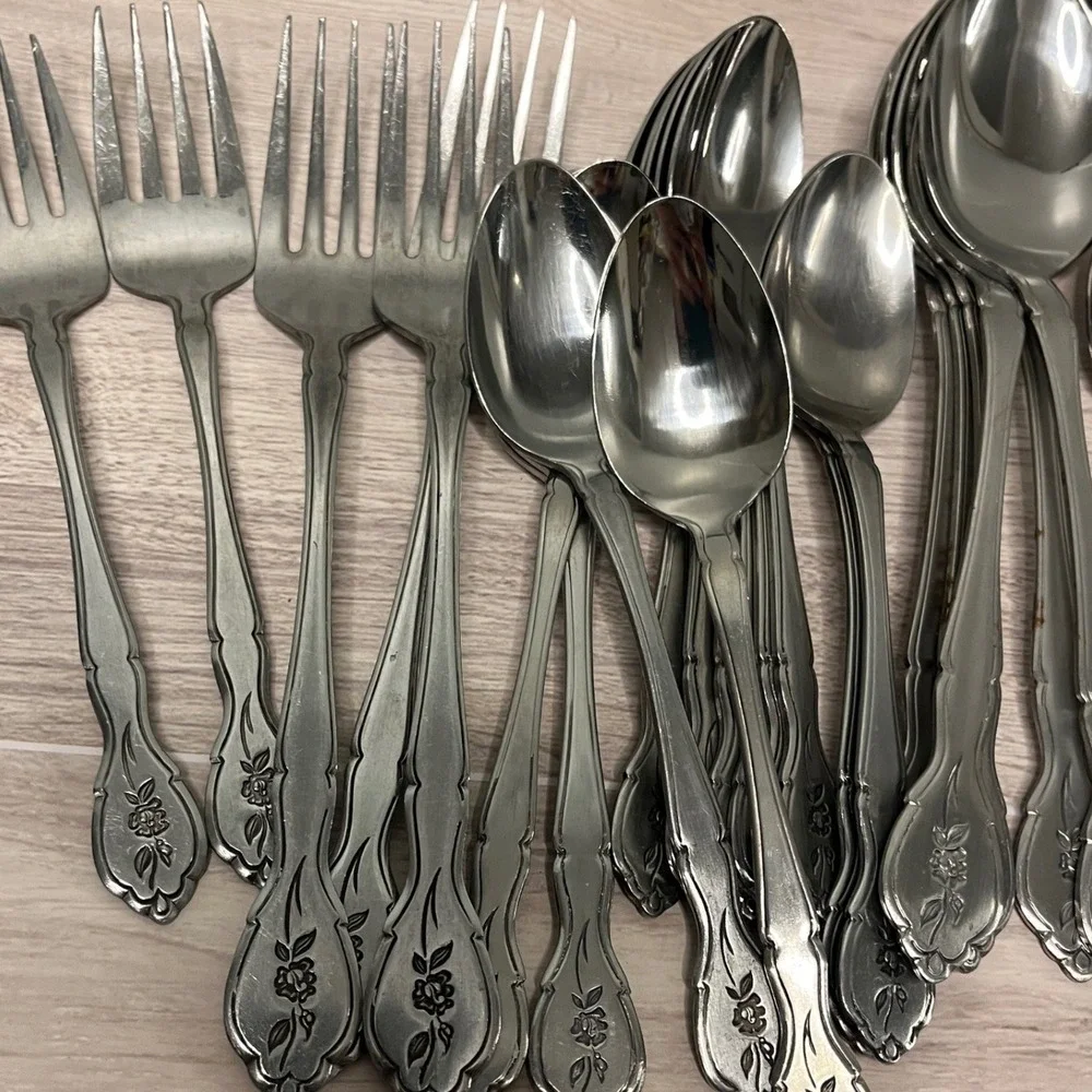 Barclay Geneva Stainless Steel Rose Floral Engraved Flatware Lot 37 Pieces